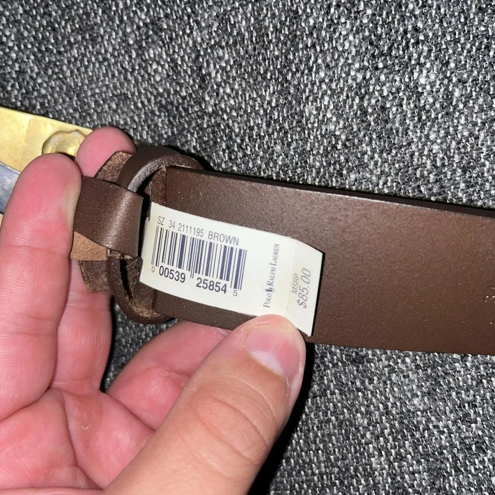 Polo Ralph Lauren Belt Mens Size 34 Brown Leather Brass Buckle Dress Pony Logo